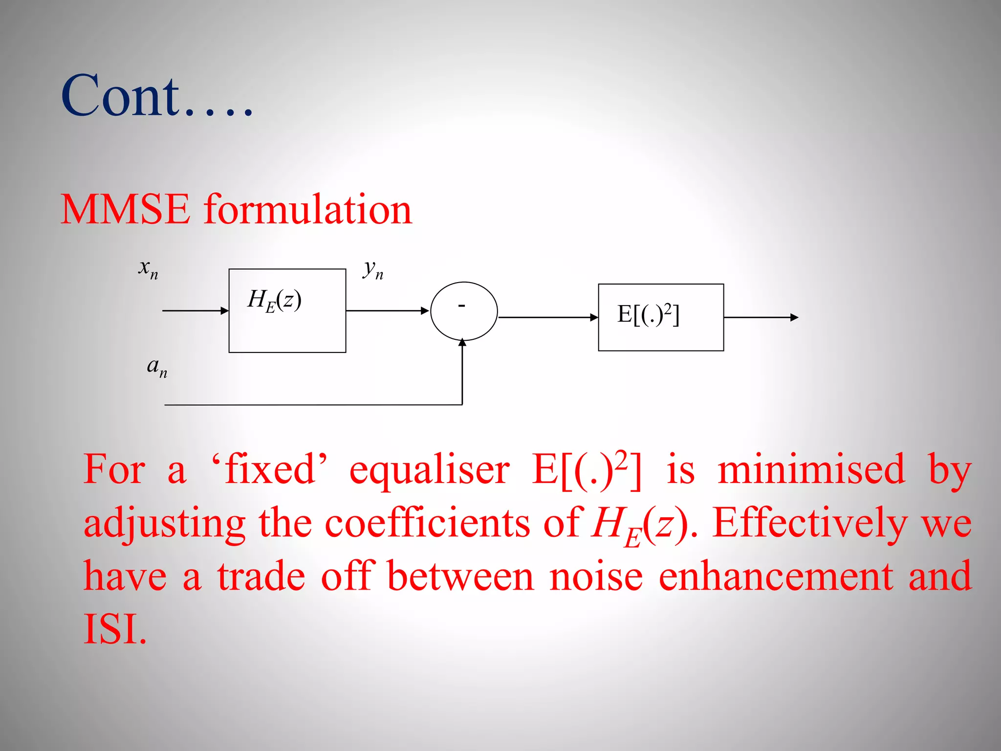 Cont….
MMSE formulation
HE(z)
xn yn
an
- E[(.)2]
For a ‘fixed’ equaliser E[(.)2] is minimised by
adjusting the coefficients of HE(z). Effectively we
have a trade off between noise enhancement and
ISI.
 