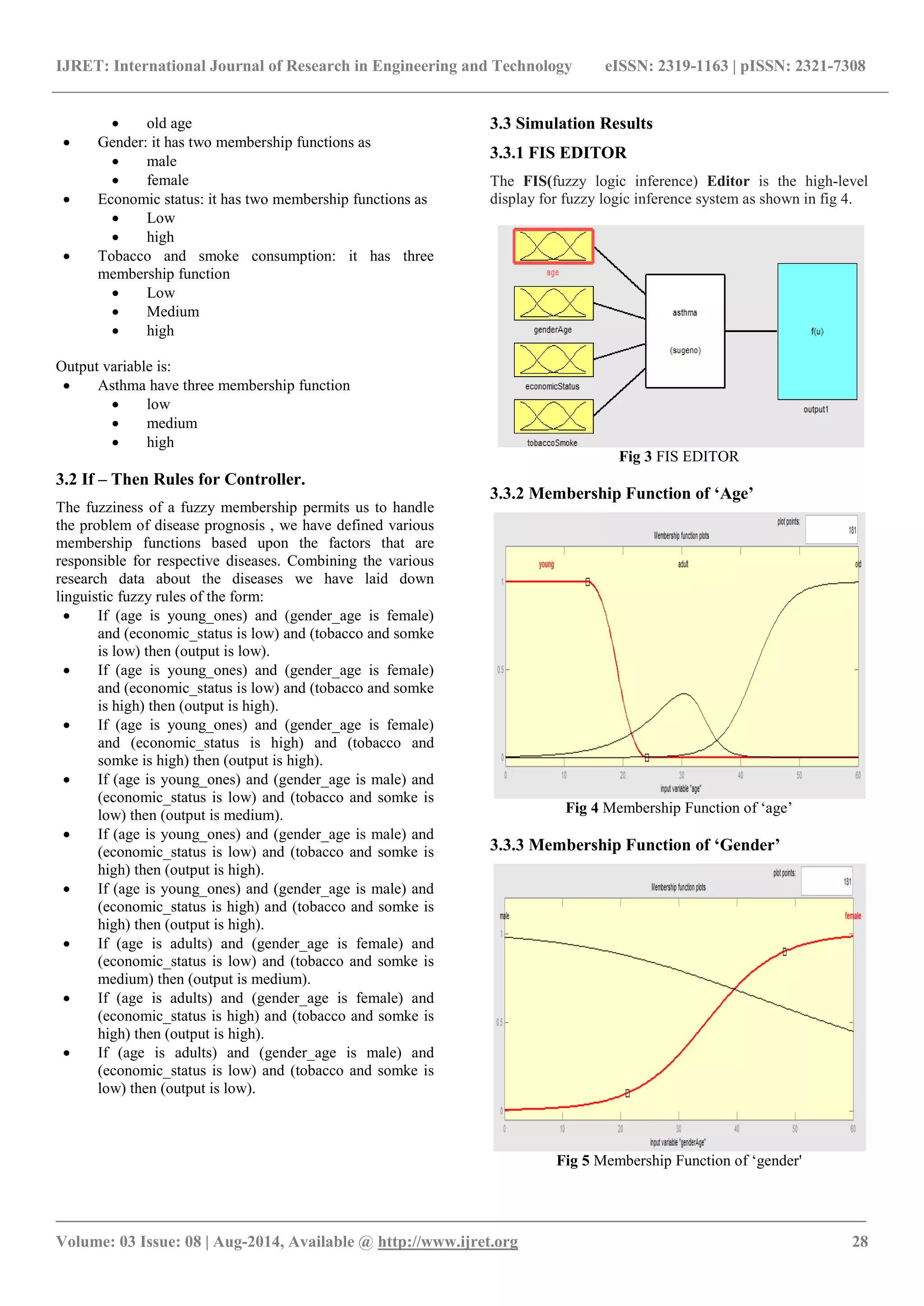 IJRET: International Journal of Research in Engineering and Technology eISSN: 2319-1163 | pISSN: 2321-7308 
_______________________________________________________________________________________ 
Volume: 03 Issue: 08 | Aug-2014, Available @ http://www.ijret.org 28 
 old age 
 Gender: it has two membership functions as 
 male 
 female 
 Economic status: it has two membership functions as 
 Low 
 high 
 Tobacco and smoke consumption: it has three membership function 
 Low 
 Medium 
 high 
Output variable is: 
 Asthma have three membership function 
 low 
 medium 
 high 
3.2 If – Then Rules for Controller. The fuzziness of a fuzzy membership permits us to handle the problem of disease prognosis , we have defined various membership functions based upon the factors that are responsible for respective diseases. Combining the various research data about the diseases we have laid down linguistic fuzzy rules of the form:  If (age is young_ones) and (gender_age is female) and (economic_status is low) and (tobacco and somke is low) then (output is low).  If (age is young_ones) and (gender_age is female) and (economic_status is low) and (tobacco and somke is high) then (output is high).  If (age is young_ones) and (gender_age is female) and (economic_status is high) and (tobacco and somke is high) then (output is high).  If (age is young_ones) and (gender_age is male) and (economic_status is low) and (tobacco and somke is low) then (output is medium).  If (age is young_ones) and (gender_age is male) and (economic_status is low) and (tobacco and somke is high) then (output is high).  If (age is young_ones) and (gender_age is male) and (economic_status is high) and (tobacco and somke is high) then (output is high).  If (age is adults) and (gender_age is female) and (economic_status is low) and (tobacco and somke is medium) then (output is medium).  If (age is adults) and (gender_age is female) and (economic_status is high) and (tobacco and somke is high) then (output is high).  If (age is adults) and (gender_age is male) and (economic_status is low) and (tobacco and somke is low) then (output is low). 
3.3 Simulation Results 
3.3.1 FIS EDITOR The FIS(fuzzy logic inference) Editor is the high-level display for fuzzy logic inference system as shown in fig 4. 
Fig 3 FIS EDITOR 3.3.2 Membership Function of ‘Age’ 
Fig 4 Membership Function of „age‟ 3.3.3 Membership Function of ‘Gender’ 
Fig 5 Membership Function of „gender'  