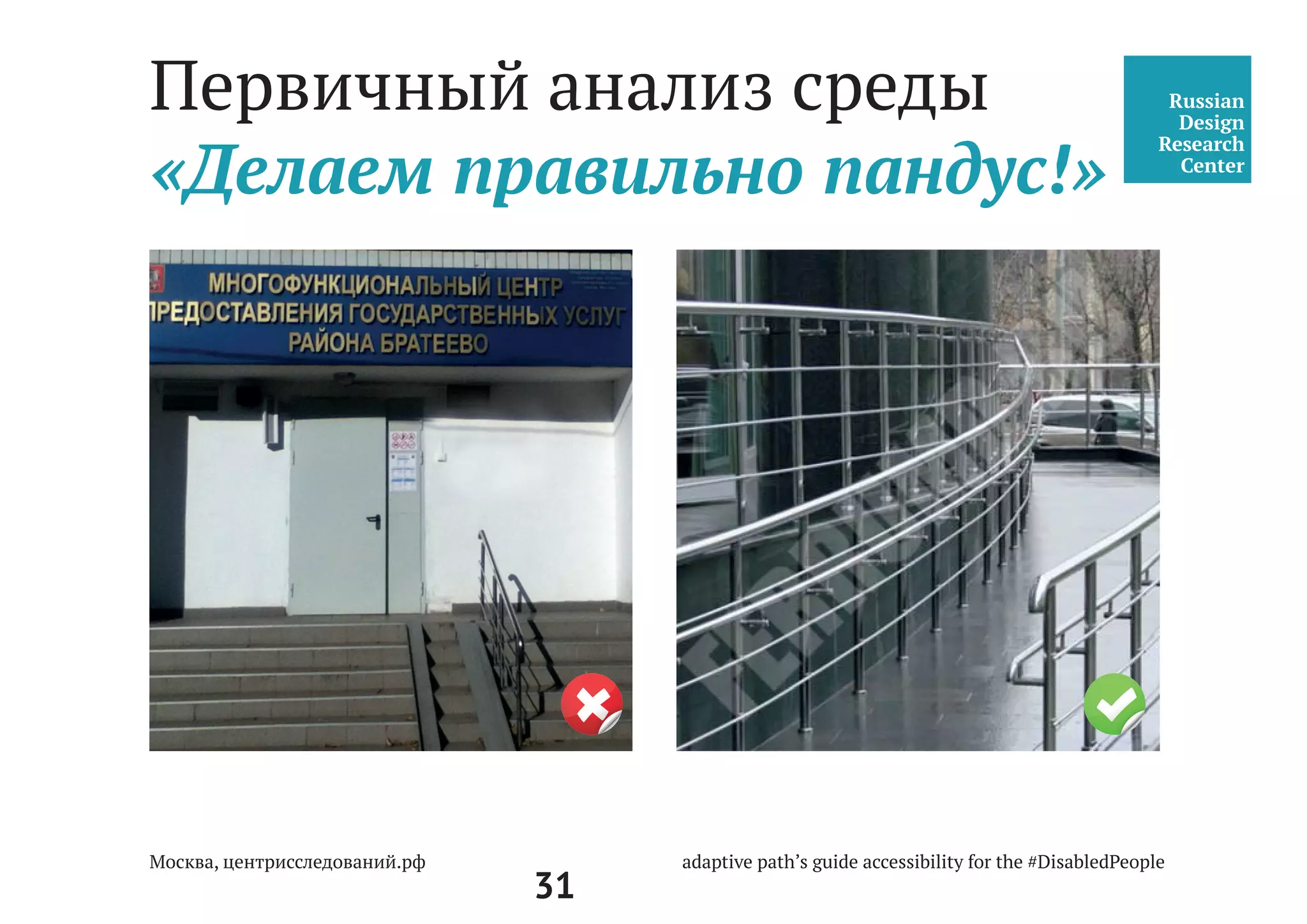 31
Парковка и подъезд
к центру госуслуг
•	 4.2.3 Пандус должен иметь блистерное покрытие, обеспечивающее удобный
переход с площадки для стоянки на тротуар. В местах высадки и передвиже-
ния инвалидов из личного автотранспорта до входов в здания должно
применяться нескользкое покрытие.
•	 4.2.4 Разметку места для стоянки автомашины инвалида на кресле-коляске
следует предусматривать размером 6,0СП 59.13330.2012 Доступность зданий
и сооружений для маломобильных групп населения. Актуализированная
редакция СНиП 35-01-20013,6 м, что дает возможность создать безопасную
зону сбоку и сзади машины - 1,2 м.
•	 Если на стоянке предусматривается место для регулярной парковки
автомашин, салоны которых приспособлены для перевозки инвалидов
на креслах-колясках, ширина боковых подходов к автомашине должна быть
не менее 2,5 м.
СП 59.13330.2012
Доступность зданий и
сооружений для маломо-
бильных групп населения.
Актуализированная редакция
СНиП 35-01-2001
 