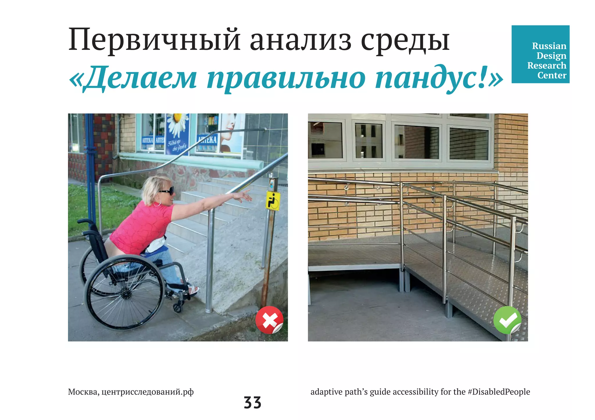 33
Центральный вход, Двери,
Подход к центру, Пандус
Двери, дверные проемы
•	 Двери должны быть легко идентифицируемыми и иметь контрастную
поверхность по отношению к окружающим стенам.
•	 Стеклянные двери должны быть обозначены яркими желтыми
маркерами для идентификации.
•	 Установка автоматических или полуавтоматических дверей. Ширина
дверного проема должна быть не менее 900 мм в свету.
•	 Яркий контраст между створками дверей и дверной коробкой или
прилегающим участком стены должен составлять не менее 30%.
Это требование распространяется также на стеклянные двери
в стеклянных стенах.
5.1.5 Прозрачные двери на входах и в здании, а также ограждения следует вы-
полнять из ударопрочного материала. На прозрачных полотнах дверей следует
предусматривать яркую контрастную маркировку высотой не менее 0,1 м и шири-
ной не менее 0,2 м, расположенную на уровне не ниже 1,2 м и не выше 1,5 м от
поверхности пешеходного пути.
СП 59.13330.2012
Доступность зданий и
сооружений для маломо-
бильных групп населения.
Актуализированная редакция
СНиП 35-01-2001
 