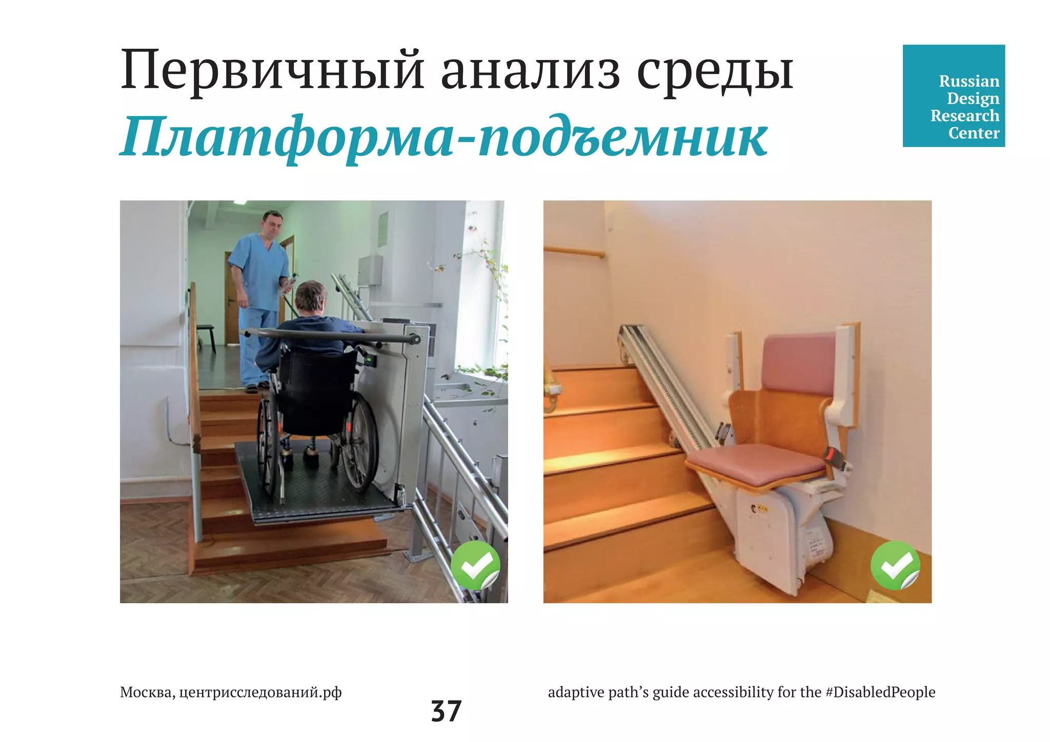 37
•	 Везде, где есть необходимость, должны быть установлены пандусы.
Рекомендуется установить подъемную платформу, где пандус
установить не представляется возможным.
•	 Платформа-подъемник может быть полезной в старых зданиях,
где нет пространства, чтобы обеспечить свободный доступ для людей
с колясками и инвалидов-колясочников. Минимальный размер
платформы-подъемника должен быть 900 мм х 1200 мм.
Лестницы
•	 Ступени лестниц не должны быть выше 180 мм и ниже 125 мм,
наилучший размер составляет 150 мм.
•	 При наличии двух и более ступеней должны быть оборудованы перила
с двух сторон на высоте 850-920 мм.
5.2.9 При перепаде высот пола в здании или сооружении следует предусматри-
вать лестницы, пандусы или подъемные устройства, доступные для МГН.
Центральный вход, Двери,
Подход к центру, Пандус
СП 59.13330.2012
Доступность зданий и
сооружений для маломо-
бильных групп населения.
Актуализированная редакция
СНиП 35-01-2001
 