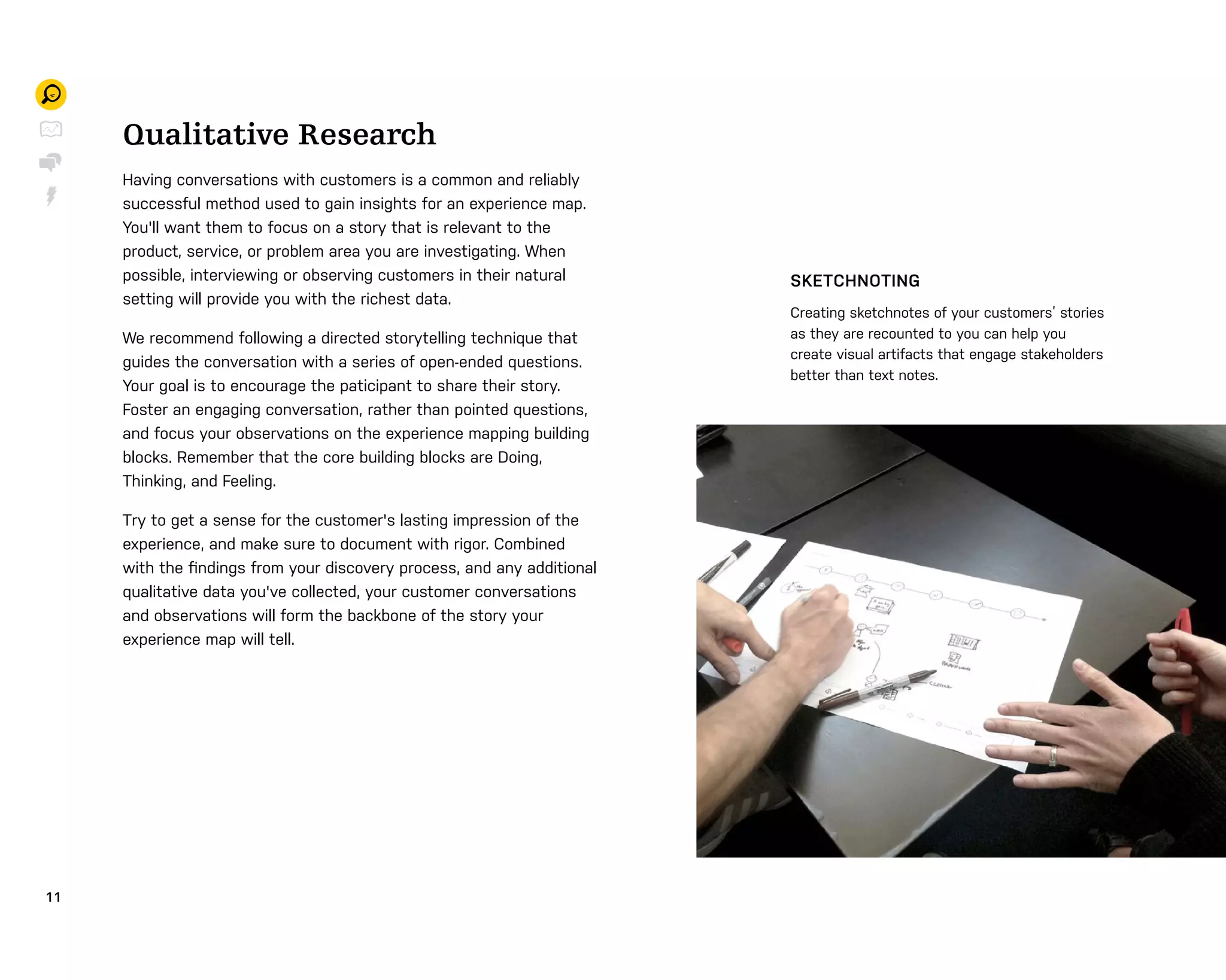 1 1
Qualitative Research
Having conversations with customers is a common and reliably
successful method used to gain insights for an experience map.
You'll want them to focus on a story that is relevant to the
product, service, or problem area you are investigating. When
possible, interviewing or observing customers in their natural
setting will provide you with the richest data.
We recommend following a directed storytelling technique that
guides the conversation with a series of open-ended questions.
Your goal is to encourage the paticipant to share their story.
Foster an engaging conversation, rather than pointed questions,
and focus your observations on the experience mapping building
blocks. Remember that the core building blocks are Doing,
Thinking, and Feeling.
Try to get a sense for the customer's lasting impression of the
experience, and make sure to document with rigor. Combined
with the ﬁndings from your discovery process, and any additional
qualitative data you've collected, your customer conversations
and observations will form the backbone of the story your
experience map will tell.
SKETCHNOTING
Creating sketchnotes of your customers’ stories
as they are recounted to you can help you
create visual artifacts that engage stakeholders
better than text notes.
 