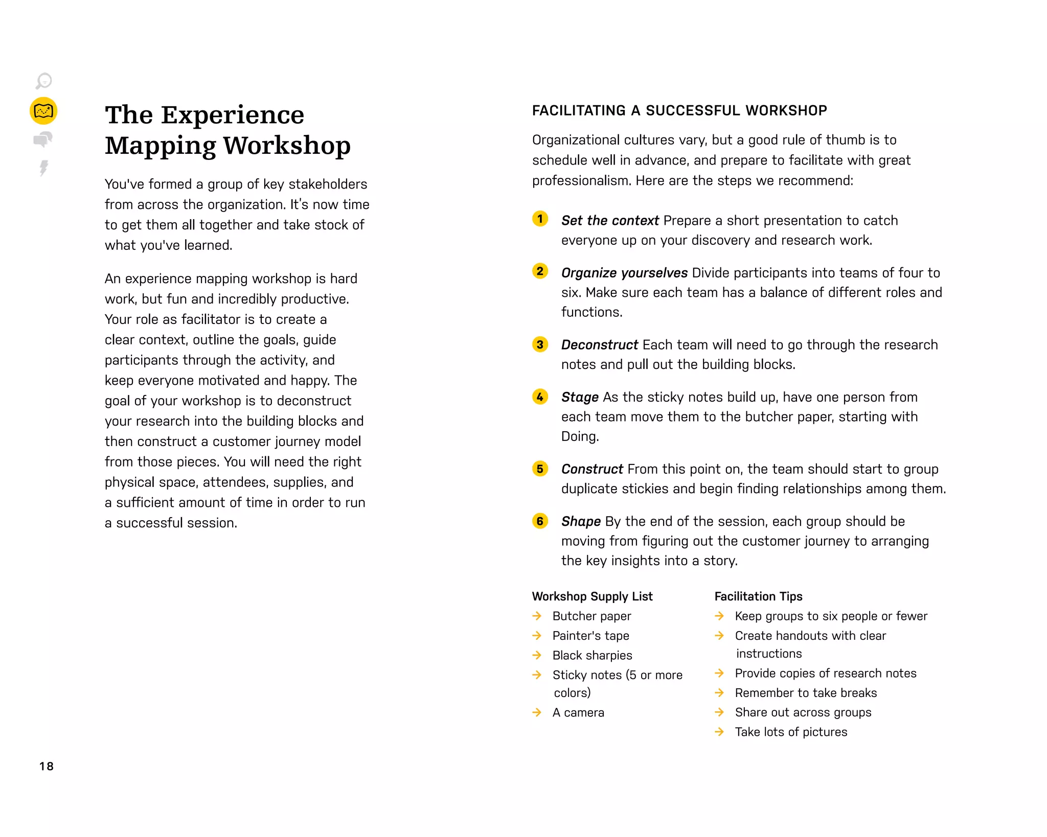 1 8
The Experience
Mapping Workshop
You've formed a group of key stakeholders
from across the organization. It’s now time
to get them all together and take stock of
what you've learned.
An experience mapping workshop is hard
work, but fun and incredibly productive.
Your role as facilitator is to create a
clear context, outline the goals, guide
participants through the activity, and
keep everyone motivated and happy. The
goal of your workshop is to deconstruct
your research into the building blocks and
then construct a customer journey model
from those pieces. You will need the right
physical space, attendees, supplies, and
a suﬀicient amount of time in order to run
a successful session.
FACILITATING A SUCCESSFUL WORKSHOP
Organizational cultures vary, but a good rule of thumb is to
schedule well in advance, and prepare to facilitate with great
professionalism. Here are the steps we recommend:
1 Set the context Prepare a short presentation to catch
everyone up on your discovery and research work.
2 Organize yourselves Divide participants into teams of four to
six. Make sure each team has a balance of different roles and
functions.
3 Deconstruct Each team will need to go through the research
notes and pull out the building blocks.
4 Stage As the sticky notes build up, have one person from
each team move them to the butcher paper, starting with
Doing.
5 Construct From this point on, the team should start to group
duplicate stickies and begin finding relationships among them.
6 Shape By the end of the session, each group should be
moving from figuring out the customer journey to arranging
the key insights into a story.
Workshop Supply List
→ Butcher paper
→ Painter's tape
→ Black sharpies
→ Sticky notes (5 or more
colors)
→ A camera
Facilitation Tips
→ Keep groups to six people or fewer
→ Create handouts with clear
instructions
→ Provide copies of research notes
→ Remember to take breaks
→ Share out across groups
→ Take lots of pictures
 