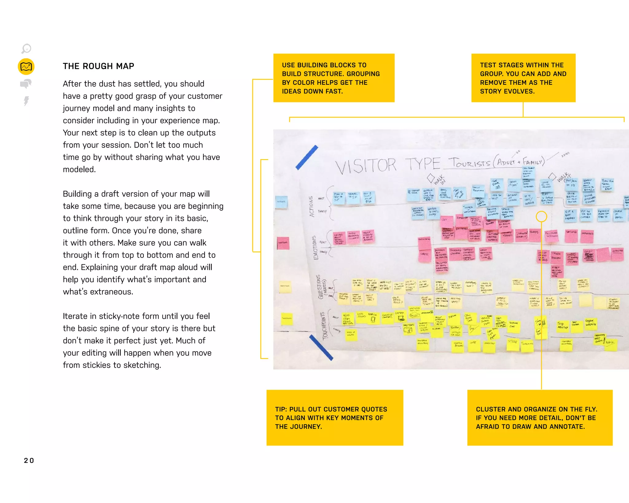 2 0
THE ROUGH MAP
After the dust has settled, you should
have a pretty good grasp of your customer
journey model and many insights to
consider including in your experience map.
Your next step is to clean up the outputs
from your session. Don’t let too much
time go by without sharing what you have
modeled.
Building a draft version of your map will
take some time, because you are beginning
to think through your story in its basic,
outline form. Once you’re done, share
it with others. Make sure you can walk
through it from top to bottom and end to
end. Explaining your draft map aloud will
help you identify what’s important and
what’s extraneous.
Iterate in sticky-note form until you feel
the basic spine of your story is there but
don’t make it perfect just yet. Much of
your editing will happen when you move
from stickies to sketching.
TEST STAGES WITHIN THE
GROUP. YOU CAN ADD AND
REMOVE THEM AS THE
STORY EVOLVES.
CLUSTER AND ORGANIZE ON THE FLY.
IF YOU NEED MORE DETAIL, DON'T BE
AFRAID TO DRAW AND ANNOTATE.
TIP: PULL OUT CUSTOMER QUOTES
TO ALIGN WITH KEY MOMENTS OF
THE JOURNEY.
USE BUILDING BLOCKS TO
BUILD STRUCTURE. GROUPING
BY COLOR HELPS GET THE
IDEAS DOWN FAST.
 