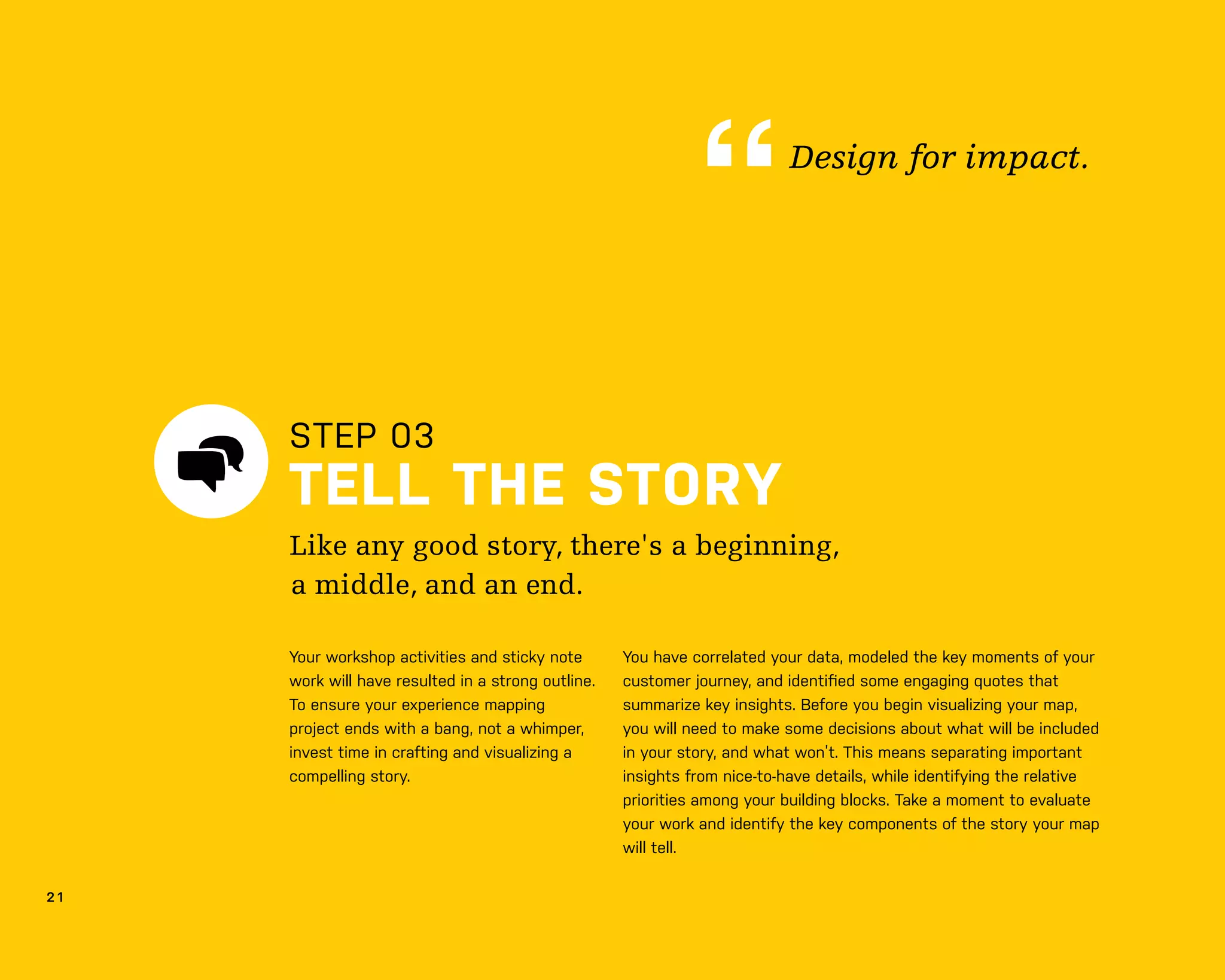 2 1
STEP 03
TELL THE STORY
You have correlated your data, modeled the key moments of your
customer journey, and identiﬁed some engaging quotes that
summarize key insights. Before you begin visualizing your map,
you will need to make some decisions about what will be included
in your story, and what won’t. This means separating important
insights from nice-to-have details, while identifying the relative
priorities among your building blocks. Take a moment to evaluate
your work and identify the key components of the story your map
will tell.
Like any good story, there's a beginning,
a middle, and an end.
Design for impact.
Your workshop activities and sticky note
work will have resulted in a strong outline.
To ensure your experience mapping
project ends with a bang, not a whimper,
invest time in crafting and visualizing a
compelling story.
 