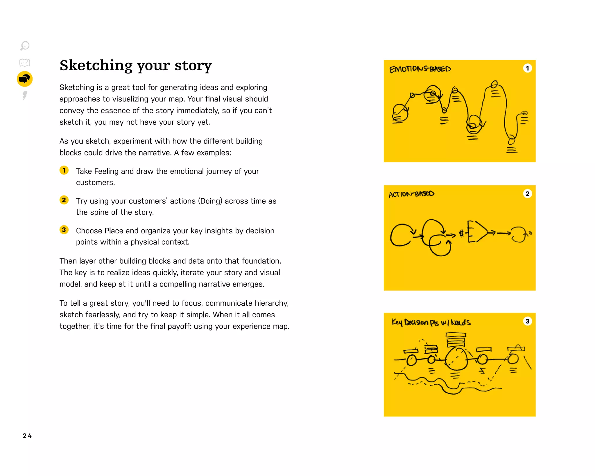 2 4
Sketching your story
Sketching is a great tool for generating ideas and exploring
approaches to visualizing your map. Your ﬁnal visual should
convey the essence of the story immediately, so if you can’t
sketch it, you may not have your story yet.
As you sketch, experiment with how the diﬀerent building
blocks could drive the narrative. A few examples:
1 Take Feeling and draw the emotional journey of your
customers.
2 Try using your customers’ actions (Doing) across time as
the spine of the story.
3 Choose Place and organize your key insights by decision
points within a physical context.
Then layer other building blocks and data onto that foundation.
The key is to realize ideas quickly, iterate your story and visual
model, and keep at it until a compelling narrative emerges.
To tell a great story, you'll need to focus, communicate hierarchy,
sketch fearlessly, and try to keep it simple. When it all comes
together, it's time for the ﬁnal payoﬀ: using your experience map.
2
1
3
 
