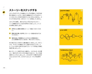 2 4
ストーリーをスケッチする
スケッチはアイディアの創出とマップの可視化につながる非
常に有効なツールです。あなたの最後のビジュアルはストー
リーのエッセンスがまだ含まれていないかもしれません。ス
ケッチできなければ、まだストーリーは完成していません。
スケッチする際に、様々なブロッグがどのようにストー
リーに影響を与えているのかを考えてみましょう。いくつ
かの例をご紹介します。
	
1 思考を元に顧客の感情ジャーニーを描いてみてくださ
　 い。
	
2 顧客の振る舞いを参考にストーリーを組み合わせてみ
　 てください。
	
3 場所を選んで物理的なコンテキストが意思決定に
　 ような影響を与えているのか、考えてみてください。
次に他のブロックを次々と積み重ねていきましょう。ポイン
トは、アイディアの創出にすぐに繋げられることです。ナ
レーションがあてはめられるまでストーリーの作成と可視化
を繰り返しましょう。
良いストーリーを話すためには集中し、ヒエラルキーを大事
しに、怖がらずにスケッチから始めてみること、そして出来
る限りシンプルにしましょう。これらがすべて繋がれば次が
いよいよラストです。エクスペリエンス・マップを活用す
る。
2
1
3
 