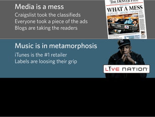 Media is a mess
Craigslist took the classifieds
Everyone took a piece of the ads
Blogs are taking the readers


Music is i...