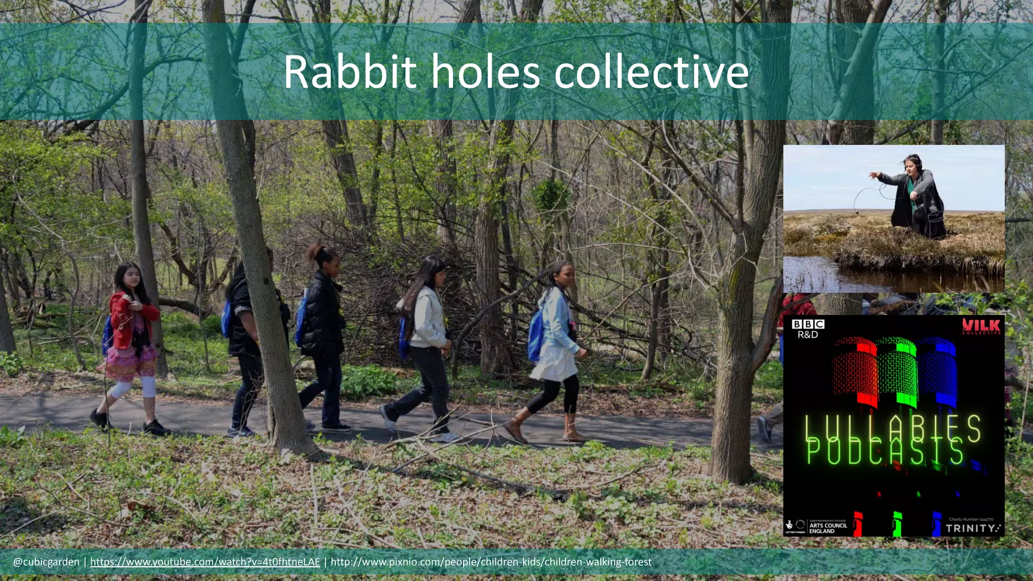 Rabbit holes collective
@cubicgarden | https://www.youtube.com/watch?v=4t0fhtneLAE | http://www.pixnio.com/people/children-kids/children-walking-forest
 