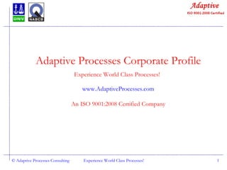 © Adaptive Processes Consulting Experience World Class Processes! Adaptive Processes Corporate Profile Experience World Class Processes!   www.AdaptiveProcesses.com An ISO 9001:2008 Certified Company 