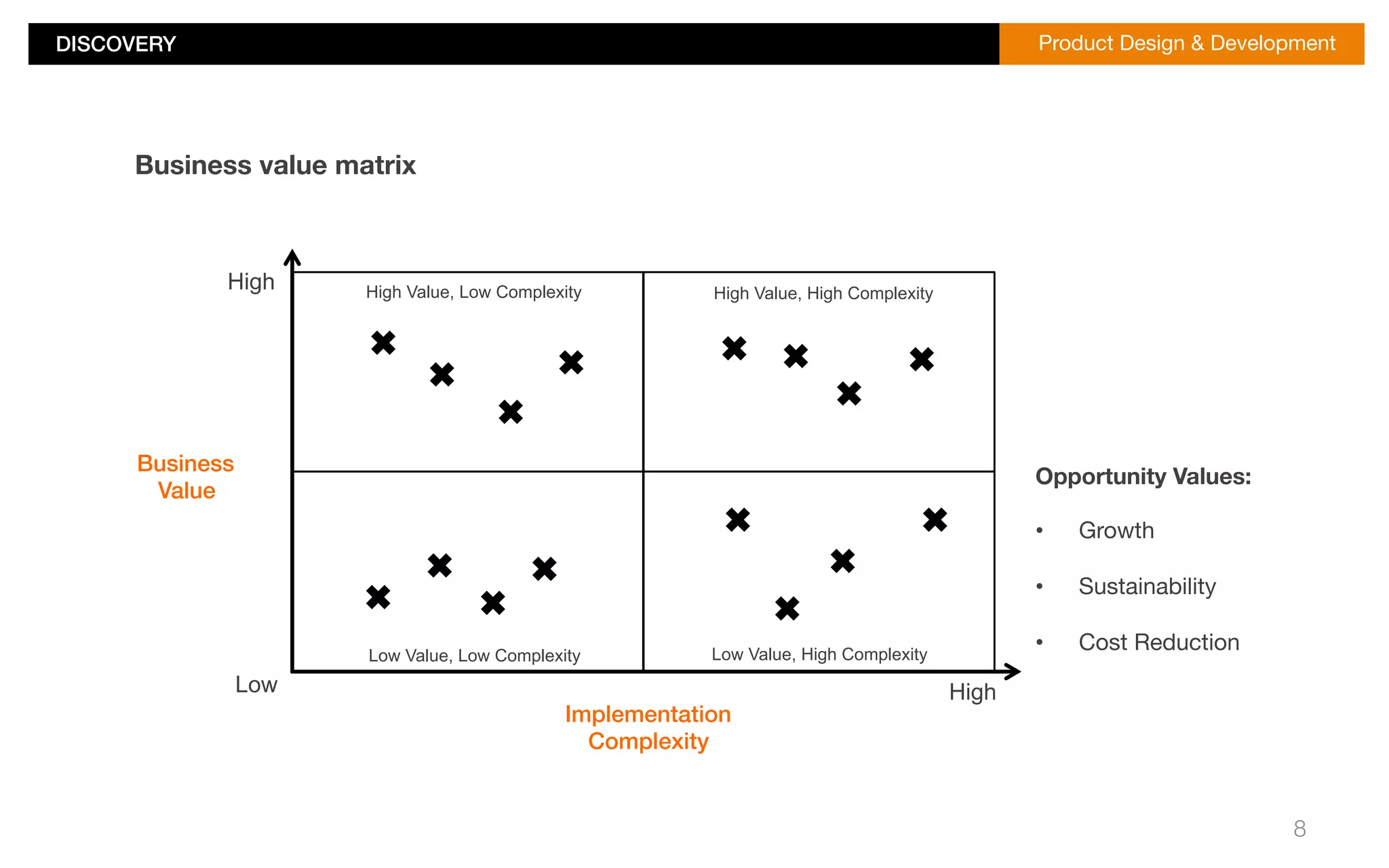 DISCOVERY!Product Design & Development 
8 
Opportunity Values: 
• Growth 
• Sustainability 
• Cost Reduction 
Business value matrix 
Business ! 
Value! 
High Value, Low Complexity High Value, High Complexity 
Low Value, Low Complexity Low Value, High Complexity 
Implementation! 
Complexity! 
High 
Low High 
 