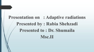 Presentation on : Adaptive radiations
Presented by : Rabia Shehzadi
Presented to : Dr. Shumaila
Msc.II
 