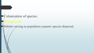 Colonization of species.
Taxon cycle
Habitat varying as population expand- species dispersal.
 