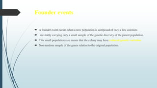 Founder events
 A founder event occurs when a new population is composed of only a few colonists
 inevitably carrying only a small sample of the genetic diversity of the parent population.
 This small population size means that the colony may have reduced genetic variation
 Non-random sample of the genes relative to the original population.
 