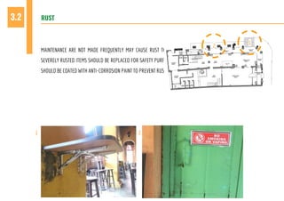 RUST3.2
MAINTENANCE ARE NOT MADE FREQUENTLY MAY CAUSE RUST TO FORM ON METAL SURFACES.
SEVERELY RUSTED ITEMS SHOULD BE REPLACED FOR SAFETY PURPOSES. OTHER METAL SURFACES
SHOULD BE COATED WITH ANTI-CORROSION PAINT TO PREVENT RUST.
1 2
1
2
 