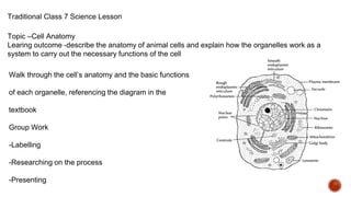 Traditional Class 7 Science Lesson
Topic –Cell Anatomy
Learing outcome -describe the anatomy of animal cells and explain how the organelles work as a
system to carry out the necessary functions of the cell
Walk through the cell’s anatomy and the basic functions
of each organelle, referencing the diagram in the
textbook
Group Work
-Labelling
-Researching on the process
-Presenting
 