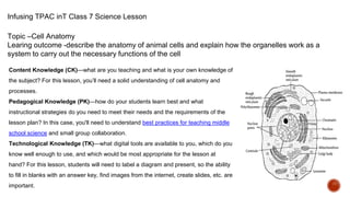 Infusing TPAC inT Class 7 Science Lesson
Topic –Cell Anatomy
Learing outcome -describe the anatomy of animal cells and explain how the organelles work as a
system to carry out the necessary functions of the cell
Content Knowledge (CK)—what are you teaching and what is your own knowledge of
the subject? For this lesson, you’ll need a solid understanding of cell anatomy and
processes.
Pedagogical Knowledge (PK)—how do your students learn best and what
instructional strategies do you need to meet their needs and the requirements of the
lesson plan? In this case, you'll need to understand best practices for teaching middle
school science and small group collaboration.
Technological Knowledge (TK)—what digital tools are available to you, which do you
know well enough to use, and which would be most appropriate for the lesson at
hand? For this lesson, students will need to label a diagram and present, so the ability
to fill in blanks with an answer key, find images from the internet, create slides, etc. are
important.
 