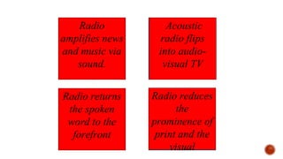 Enhancement REVERSAL
RETRIEVA
L
OBSOLESCENCE
Radio reduces
the
prominence of
print and the
visual
Radio
amplifies news
and music via
sound.
.
Acoustic
radio flips
into audio-
visual TV
Radio returns
the spoken
word to the
forefront
 