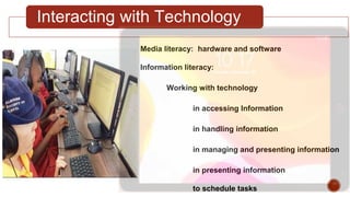 Interacting with Technology
Media literacy: hardware and software
Information literacy:
Working with technology
in accessing Information
in handling information
in managing and presenting information
in presenting information
to schedule tasks
 