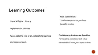 Learning Outcomes
Unpack Digital Literacy
Implement DL abilities
Appreciate the role of DL in teaching learning
and assessmeent.
Your Expectations
List three expectation you have
from this session.
Participants Key Inquiry Question
Formulate a question which when
answered will meet your expectations.
 