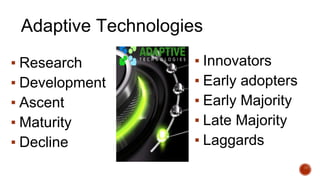 Adaptive Technologies
▪ Research
▪ Development
▪ Ascent
▪ Maturity
▪ Decline
▪ Innovators
▪ Early adopters
▪ Early Majority
▪ Late Majority
▪ Laggards
 
