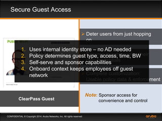 Secure Guest Access 
 Deter users from just hopping 
1. Uses internal identity store – no AD needed 
2. Policy determines guest type, access, time, BW 
3. Self-serve and sponsor capabilities 
4. Onboard context keeps employees off guest 
 Ensures guests receive their 
network 
CONFIDENTIAL © Copyright 2014. Aruba Networks, Inc. All rights reserved 
on 
own credentials 
 Complete customization: 
Usable policy data & enforcement 
Note: Sponsor access for 
ClearPass Guest convenience and control 
 