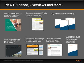 New Guidance, Overviews and More 
Definitive Guide to 
Secure Mobility 
Partner Solution Briefs 2pg Executive Briefs (x3) 
(PAN, MobileIron, etc.) 
AAA Migration to 
Policy (PPT) 
CONFIDENTIAL © Copyright 2014. Aruba Networks, Inc. All rights reserved 
Secure Mobility 
Landing Page 
Adaptive Trust 
Whitepaper 
(coming) 
ClearPass Exchange 
Recipes Web Site 
 