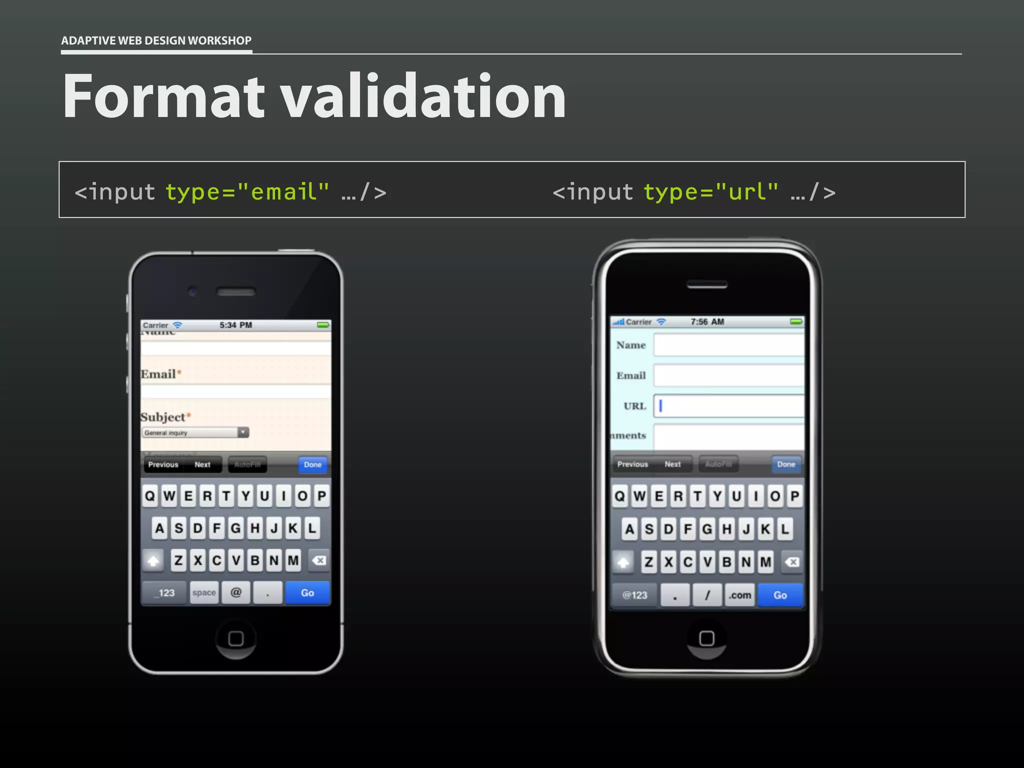 ADAPTIVE WEB DESIGN WORKSHOP




Format validation
 <input type="email" …/>       <input type="url" …/>
 