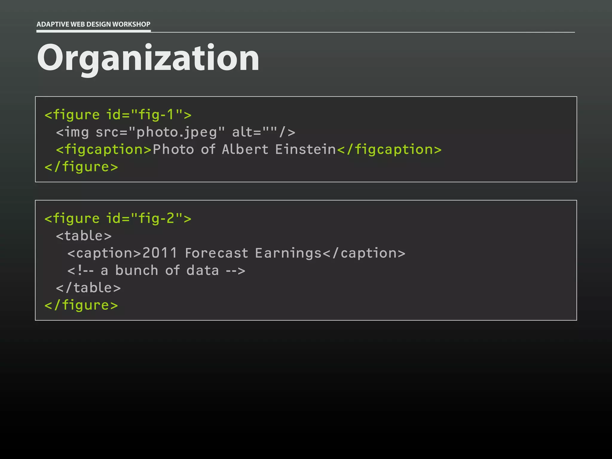 ADAPTIVE WEB DESIGN WORKSHOP




Organization
 <figure id="fig-1">
  <img src="photo.jpeg" alt=""/>
  <figcaption>Photo of Albert Einstein</figcaption>
 </figure>


 <figure id="fig-2">
  <table>
    <caption>2011 Forecast Earnings</caption>
    <!-- a bunch of data -->
  </table>
 </figure>
 