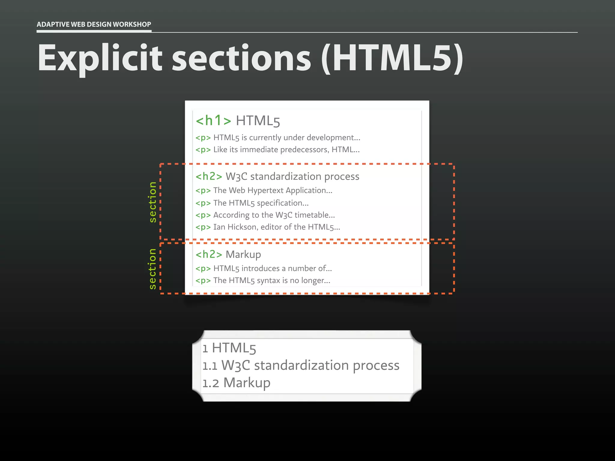 ADAPTIVE WEB DESIGN WORKSHOP




Explicit sections (HTML5)
                                    <h1> HTML5
                                    <p> HTML5 is currently under development...
                                    <p> Like its immediate predecessors, HTML...


                                    <h2> W3C standardization process
                          section


                                    <p> The Web Hypertext Application...
                                    <p> The HTML5 specification...
                                    <p> According to the W3C timetable...
                                    <p> Ian Hickson, editor of the HTML5...


                                    <h2> Markup
                          section




                                    <p> HTML5 introduces a number of...
                                    <p> The HTML5 syntax is no longer...




                                     1 HTML5
                                     1.1 W3C standardization process
                                     1.2 Markup
 