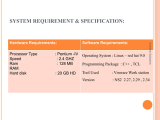 SYSTEM REQUIREMENT & SPECIFICATION:


Hardware Requirements:               Software Requirements:




                                                                              Ambitlick Solutions
Processor Type       : Pentium -IV   Operating System : Linux – red hat 9.0
Speed                 : 2.4 GHZ
Ram                    : 128 MB      Programming Package : C++ , TCL
RAM
Hard disk            : 20 GB HD      Tool Used        : Vmware Work station
                                     Version           : NS2 2.27, 2.29 , 2.34
 