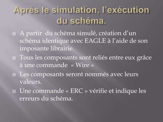 







A partir du schéma simulé, création d’un
schéma identique avec EAGLE à l’aide de son
imposante librairie.
Tous les composants sont reliés entre eux grâce
à une commande « Wire »
Les composants seront nommés avec leurs
valeurs.
Une commande « ERC » vérifie et indique les
erreurs du schéma.

 
