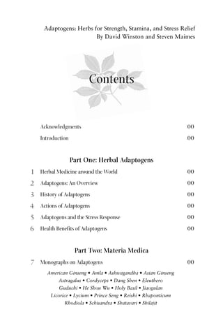 Adaptogens: Herbs for Strength, Stamina, and Stress Relief
By David Winston and Steven Maimes
Contents
Acknowledgments 00
Introduction 00
Part One: Herbal Adaptogens
1 Herbal Medicine around the World 00
2 Adaptogens: An Overview 00
3 History of Adaptogens 00
4 Actions of Adaptogens 00
5 Adaptogens and the Stress Response 00
6 Health Benefits of Adaptogens 00
Part Two: Materia Medica
7 Monographs on Adaptogens 00
American Ginseng • Amla • Ashwagandha • Asian Ginseng
Astragalus • Cordyceps • Dang Shen • Eleuthero
Guduchi • He Shou Wu • Holy Basil • Jiaogulan
Licorice • Lycium • Prince Seng • Reishi • Rhaponticum
Rhodiola • Schisandra • Shatavari • Shilajit
 