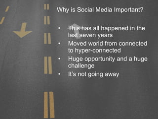 Why is Social Media Important? This has all happened in the last seven years Moved world from connected to hyper-connected Huge opportunity and a huge challenge It’s not going away 