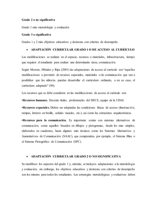Grado 2 o no significativa
Grado 1 más metodología y evaluación
Grado 3 o significativa
Grados 1 y 2 más objetivos educativos y destrezas con criterios de desempeño.
 ADAPTACIÓN CURRICULAR GRADO 1 O DE ACCESO AL CURRÍCULO
Las modificaciones se realizan en el espacio, recursos o materiales, infraestructura, tiempo
que requiere el estudiante para realizar una determinada tarea, comunicación.
Según Moreno, Méndez y Ripa (2001) las adaptaciones de acceso al currículo son “aquellas
modificaciones o provisión de recursos espaciales, materiales o de comunicación que van a
posibilitar que los niños/as puedan desarrollar el currículum ordinario, o en su caso, el
currículum adaptado” (90).
Los recursos que se debe considerar en las modificaciones de acceso al currículo son:
•Recursos humanos. Docente titular, profesionales del DECE, equipo de la UDAI.
•Recursos espaciales. Deben ser adaptadas las condiciones físicas de acceso (iluminación,
rampas, letreros en braille, señales visuales, etc.), así como las estructuras arquitectónicas.
•Recursos para la comunicación. Es importante contar con sistemas alternativos de
comunicación, como aquellos basados en dibujos y pictogramas, desde los más simples,
elaborados en cuadernos, hasta algunos más técnicos como los Sistemas Alternativos y
Aumentativos de Comunicación (SAAC), que comprenden, por ejemplo, el Sistema Bliss o
el Sistema Pictográfico de Comunicación (SPC).
 ADAPTACIÓN CURRICULAR GRADO 2 O NO SIGNIFICATIVA
Se modifican los aspectos del grado 1 y, además, se incluyen adaptaciones a la metodología
y evaluación; sin embargo, los objetivos educativos y destrezas con criterios de desempeño
son los mismos para todos los estudiantes. Las estrategias metodológicas y evaluativas deben
 