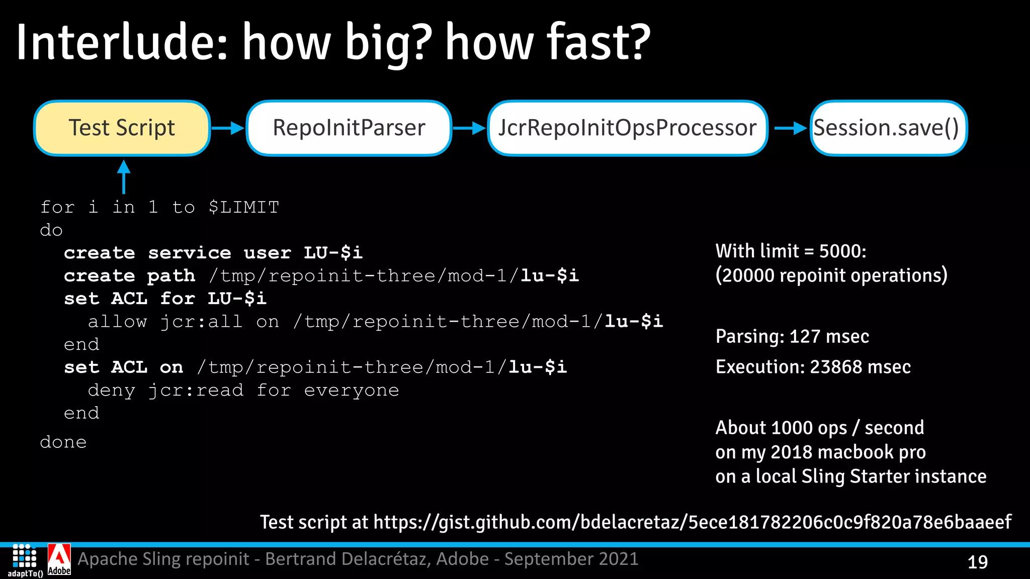 Apache Sling repoinit - Bertrand Delacrétaz, Adobe - September 2021 19 Interlude: how big? how fast? Test script at https://gist.github.com/bdelacretaz/5ece181782206c0c9f820a78e6baaeef With limit = 5000:   (20000 repoinit operations) Parsing: 127 msec Execution: 23868 msec About 1000 ops / second   on my 2018 macbook pro   on a local Sling Starter instance for i in 1 to $LIMIT   do   create service user LU-$i   create path /tmp/repoinit-three/mod-1/lu-$i   set ACL for LU-$i   allow jcr:all on /tmp/repoinit-three/mod-1/lu-$i   end   set ACL on /tmp/repoinit-three/mod-1/lu-$i   deny jcr:read for everyone   end done Session.save() RepoInitParser Test Script JcrRepoInitOpsProcessor 