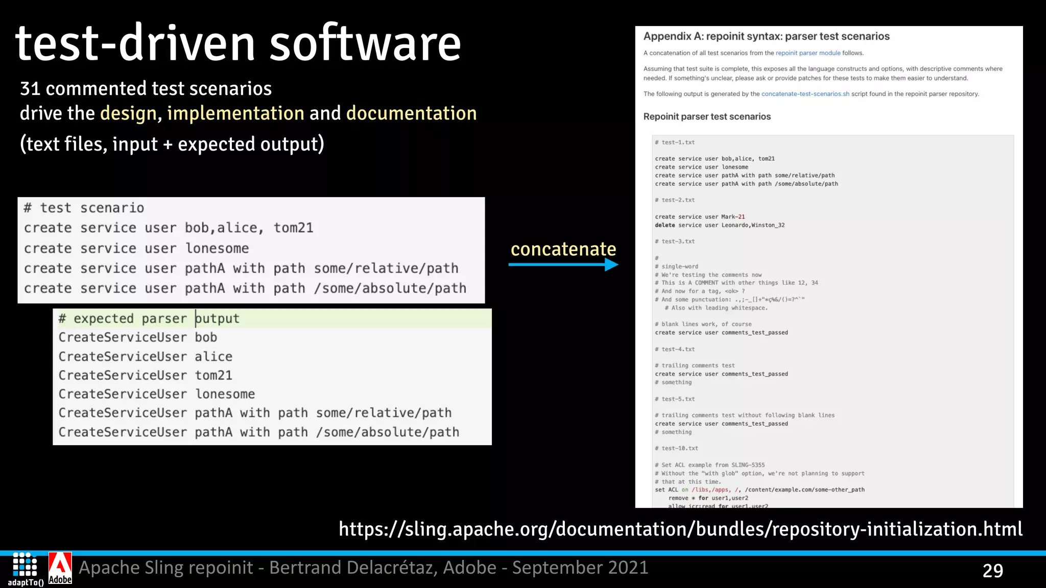 Apache Sling repoinit - Bertrand Delacrétaz, Adobe - September 2021 29 test-driven software 31 commented test scenarios   drive the design, implementation and documentation (text files, input + expected output) https://sling.apache.org/documentation/bundles/repository-initialization.html concatenate 