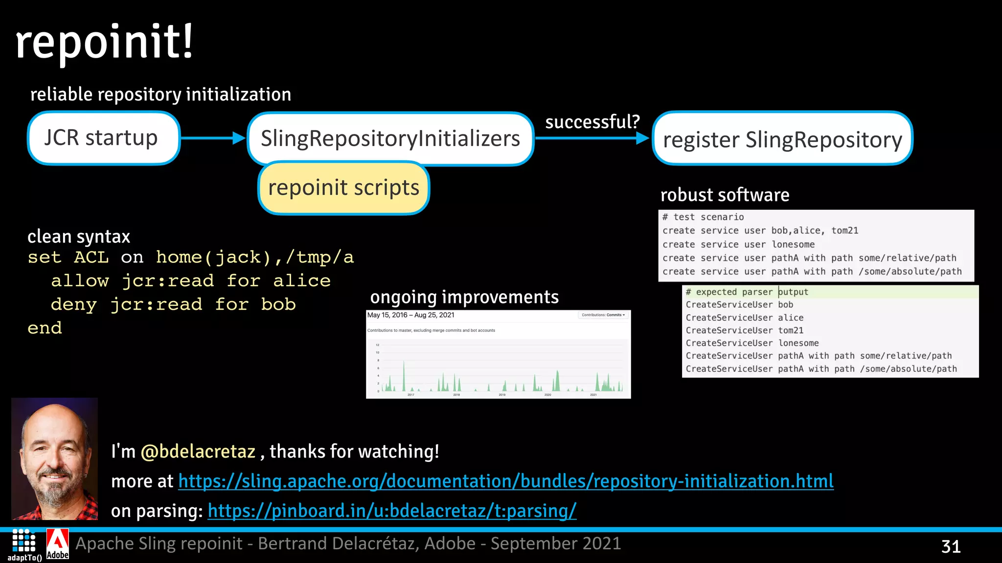 Apache Sling repoinit - Bertrand Delacrétaz, Adobe - September 2021 31 repoinit! reliable repository initialization I'm @bdelacretaz , thanks for watching! more at https://sling.apache.org/documentation/bundles/repository-initialization.html on parsing: https://pinboard.in/u:bdelacretaz/t:parsing/ ongoing improvements robust software JCR startup SlingRepositoryInitializers repoinit scripts register SlingRepository successful? set ACL on home(jack),/tmp/ a allow jcr:read for alic e deny jcr:read for bo b end clean syntax 