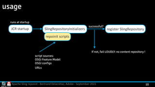 Apache Sling repoinit - Bertrand Delacrétaz, Adobe - September 2021 10
usage
JCR startup SlingRepositoryInitializers
repoinit scripts
register SlingRepository
successful?
runs at startup
if not, fail LOUDLY: no content repository !
script sources:
 
OSGi Feature Model
 
OSGI configs


URLs
 