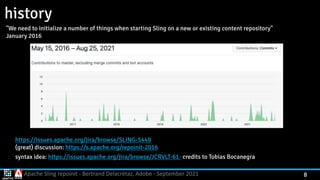 Apache Sling repoinit - Bertrand Delacrétaz, Adobe - September 2021 8
history
"We need to initialize a number of things when starting Sling on a new or existing content repository"
 
January 2016
https://issues.apache.org/jira/browse/SLING-5449
 
(great) discussion: https://s.apache.org/repoinit-2016


syntax idea: https://issues.apache.org/jira/browse/JCRVLT-61- credits to Tobias Bocanegra
 