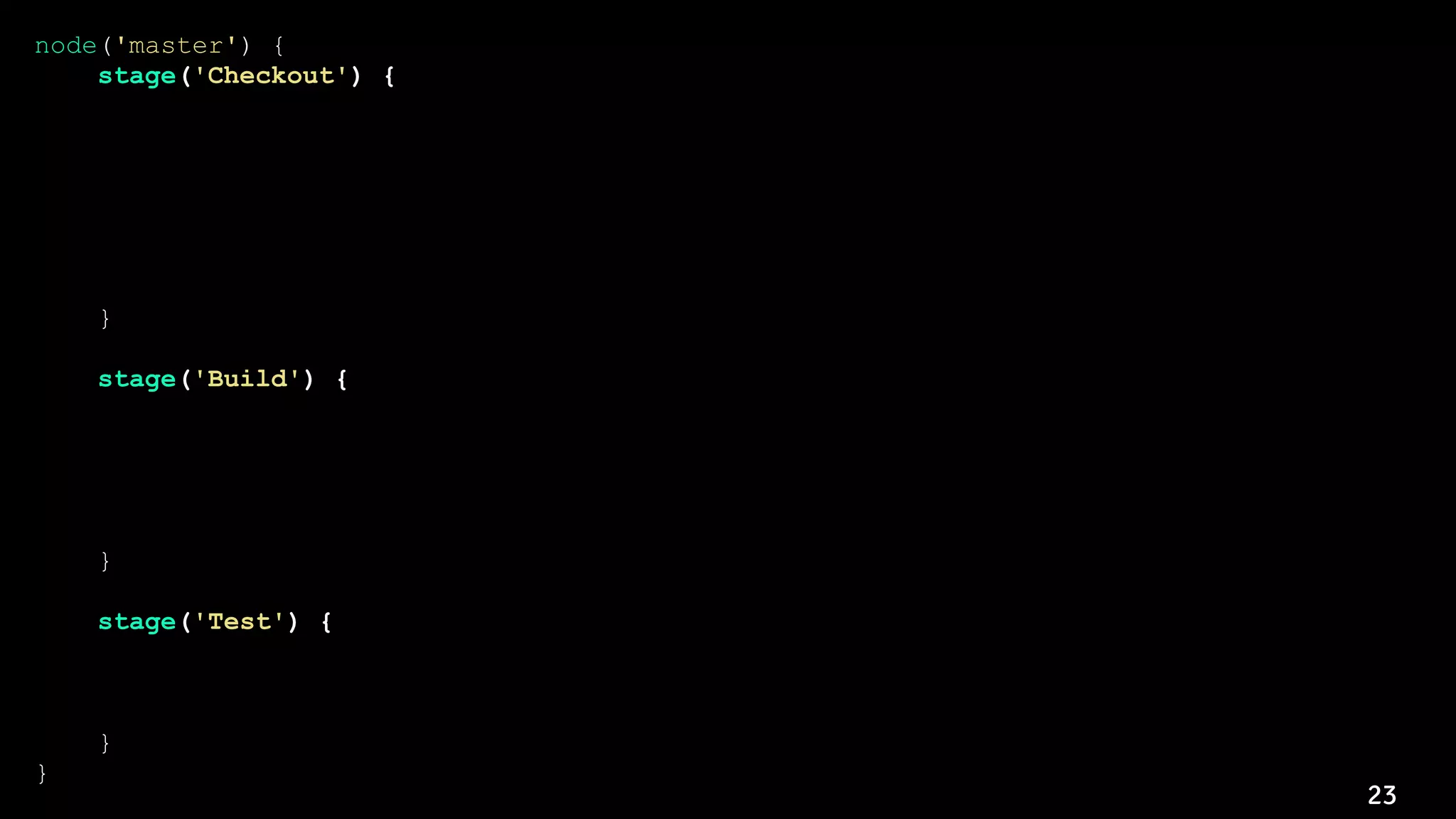 23
node('master') {
stage('Checkout') {
dir('app') {
git url: 'git://example.com/aem-project.git', branch: 'master'
}
dir('tests') {
git url: 'git://example.com/tests.git', branch: 'master'
}
}
stage('Build') {
node('aem') {
dir('app/aem') {
sh 'mvn clean install'
}
}
}
stage('Test') {
dir('tests') {
sh './gradlew clean contractTests'
}
}
}
 