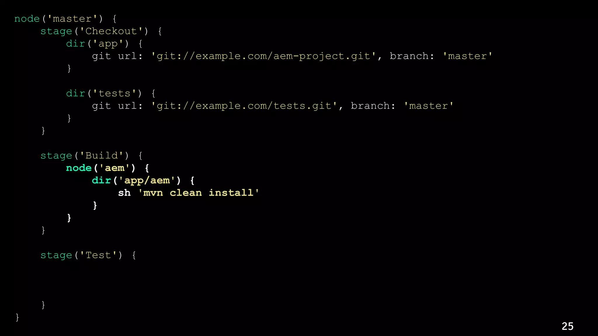 25
node('master') {
stage('Checkout') {
dir('app') {
git url: 'git://example.com/aem-project.git', branch: 'master'
}
dir('tests') {
git url: 'git://example.com/tests.git', branch: 'master'
}
}
stage('Build') {
node('aem') {
dir('app/aem') {
sh 'mvn clean install'
}
}
}
stage('Test') {
dir('tests') {
sh './gradlew clean contractTests'
}
}
}
 