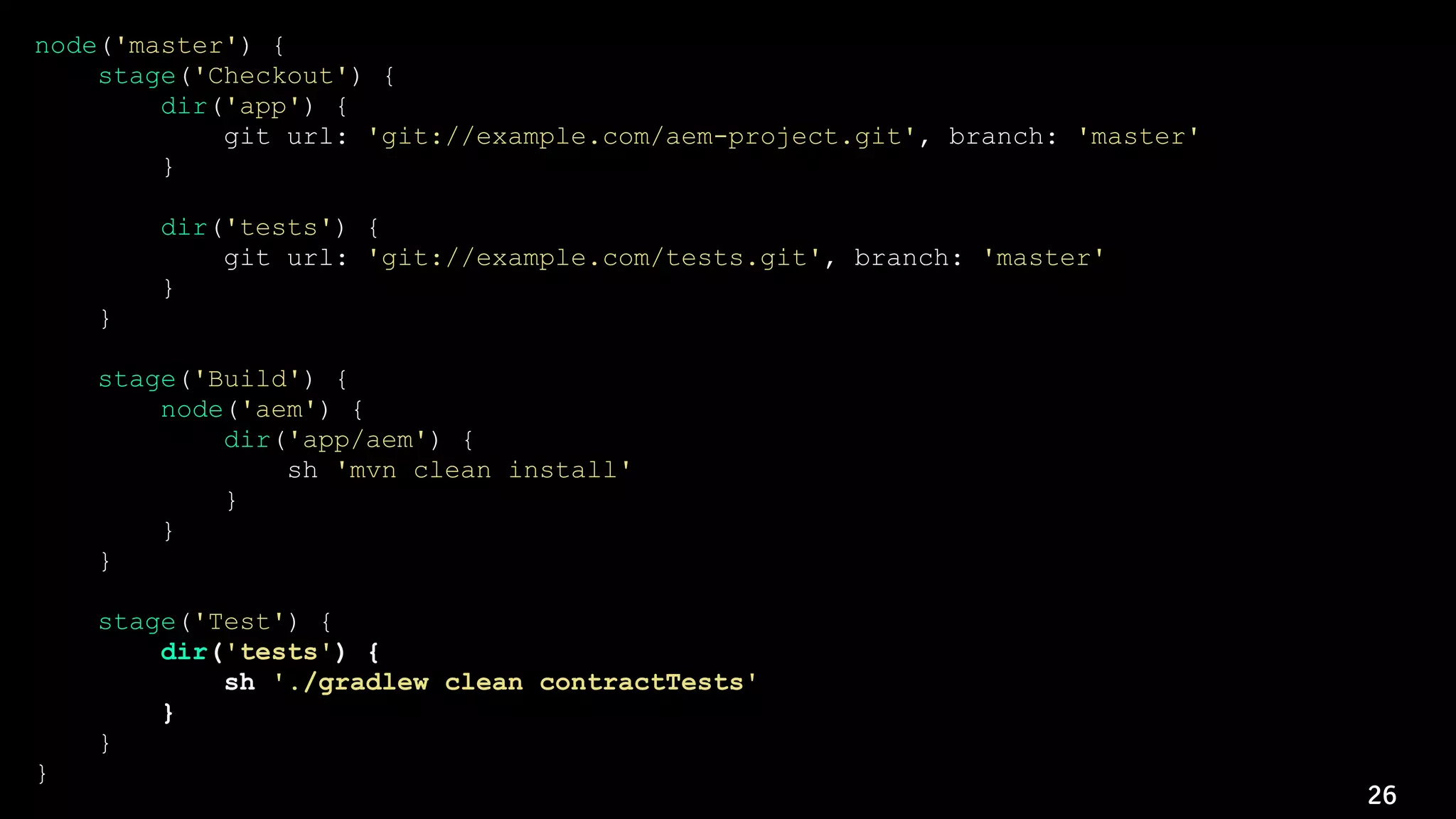 26
node('master') {
stage('Checkout') {
dir('app') {
git url: 'git://example.com/aem-project.git', branch: 'master'
}
dir('tests') {
git url: 'git://example.com/tests.git', branch: 'master'
}
}
stage('Build') {
node('aem') {
dir('app/aem') {
sh 'mvn clean install'
}
}
}
stage('Test') {
dir('tests') {
sh './gradlew clean contractTests'
}
}
}
 