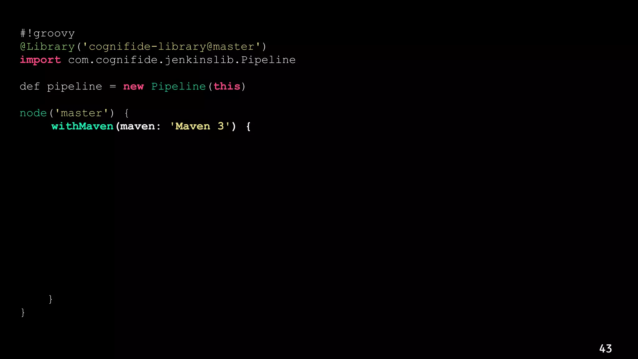 43
#!groovy
@Library('cognifide-library@master')
import com.cognifide.jenkinslib.Pipeline
def pipeline = new Pipeline(this)
node('master') {
withMaven(maven: 'Maven 3') {
stage('Quality Gate: Sonarqube') {
sonarqube pipeline.CFG.sonarqube
}
stage('Build') {
// ...
}
stage('Clear dispatcher cache') {
knifeExec query: "chef_environment:${pipeline.CFG.chef.environmentName}
AND tags:dispatcher"
}
}
}
 