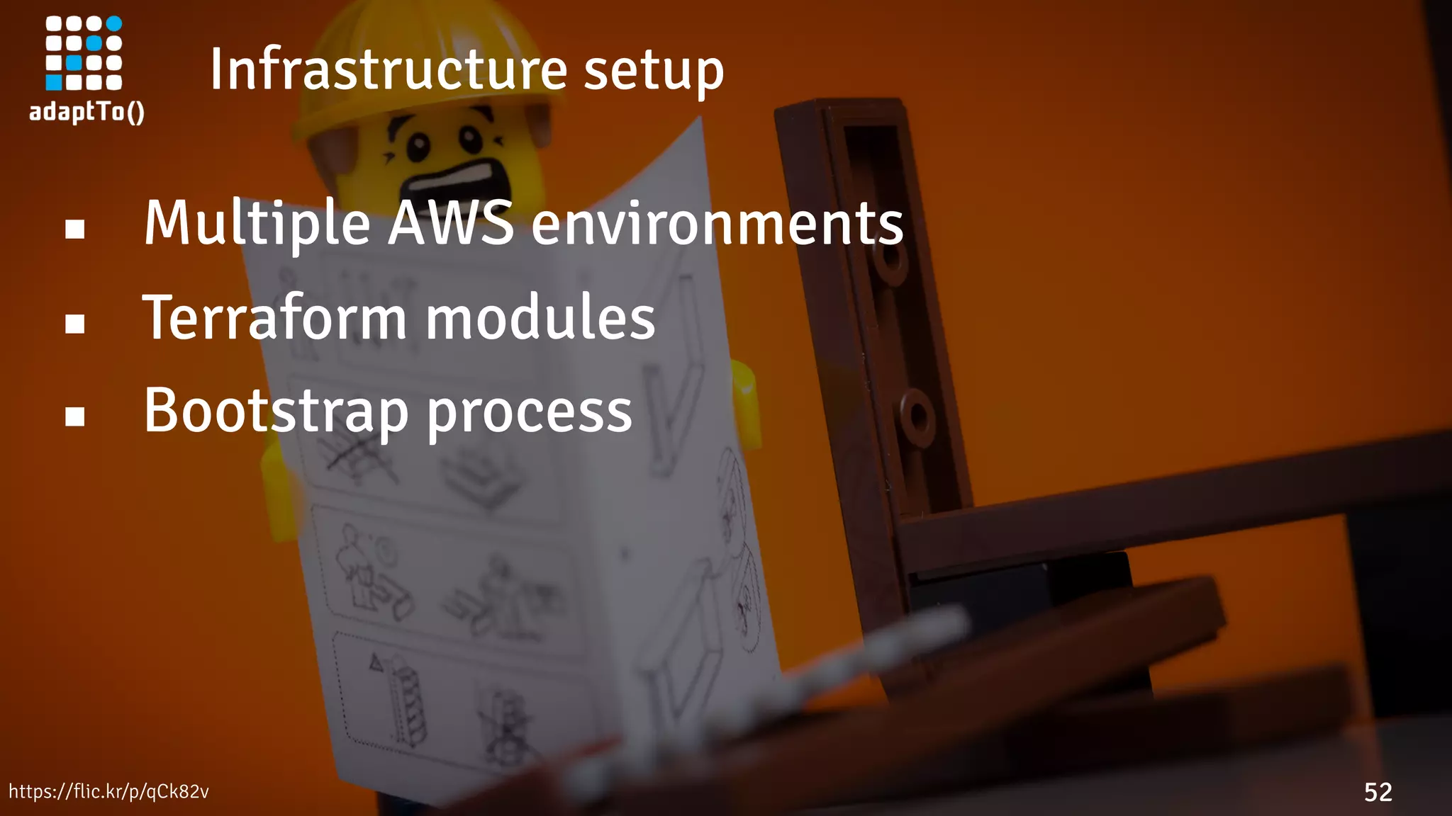 Infrastructure setup
52
▪ Multiple AWS environments
▪ Terraform modules
▪ Bootstrap process
https://flic.kr/p/qCk82v
 