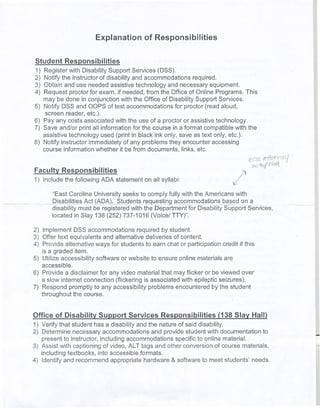 11
                                                                                                                                      I




                             Explanation of Responsibilities

     Student     Responsibilities
     1) Register with Disability Support Services (DSS).
     2) Notify the instructor of disability and accommodations required.
     3) Obtain and use needed assistive technology and necessary equipment.
     4) Request proctor for exam, if needed, from the Office of Online Programs. This
        may be done in conjunction with the Office of Disability Support Services.
     5) Notify DSS and OOPS of test accommodations for proctor (read aloud,
          screen reader,etc.).     .
     6) Pay any costs associated with the use of a proctor or assistive technology.
     7) Save and/or print all information for the course in a format compatiblewith the
          assistivetechnologyused(printin black ink only,save as text only,etc.).                .

     8) Notify instructor immediately of any problems they encounter accessing
        course information whether it be from documents, links, etc.
                                                                                                 E:(f}    ~n"/v
     Facultv Responsibilities.
     1) Includethe followingADA statementon all syllabi:
                                                                                        ,;
                                                                                             "       tk: ~D('..r   I

                                                                                 i..


             "East Carolina University seeks to comply fully with the Americans with
--           Disabilities Act (ADA}. Students requestiQ9.2~Q.~ITl!TI°dations.b~s~d a -~ -
                                                                                  ~~                                   ..c...-..--
             disability must be registered with the Departmenffor Disability Support Services,
             located in Slay 138 (252) 737-1016 (Voice/ TTY)".

     2) Implement DSS accommodations required by student.
     3) Offer text equivalents and alternative deliveries of content.
     4) Provide alternative ways for'students to earn chat or participation credit if this
         is a graded item.
     5) Utilize accessibility software or website to ensure online materials are
        accessible.
     6) Provide a disclaime~for any video material that may flicker orbe viewed over
        a slow internet connection (flickering is associated with epileptic seizures).
     7) Respond promptly to any accessibility problems encountered by the student
        throughout the course.


     Office of Disability Support Services Responsibilities (138 Slav Halll
     1) Verify that student has a disability and the nature of said disability.
     2) Determine necessary accommodations and provide student with documentation to                                                 l
        present to instructor, including accommodations specific to online material.
     3) Assist with captioning of video, ALT tags and other conversion of course materials,
        including textbooks, into accessible formats.                                                                                 r"
     4) Identify and recommend appropriate hardware & software to meet students' needs.




                                                                                                                                      L
 