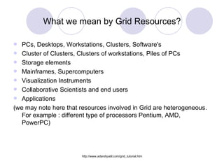 What we mean by Grid Resources? PCs, Desktops, Workstations, Clusters, Software's Cluster of Clusters, Clusters of workstations, Piles of PCs Storage elements Mainframes, Supercomputers Visualization Instruments Collaborative Scientists and end users Applications (we may note here that resources involved in Grid are heterogeneous. For example : different type of processors Pentium, AMD, PowerPC) 