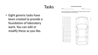 Tasks
• Eight generic tasks have
been created to provide a
foundation of laboratory
work. You can edit or
modify these as you like.
 