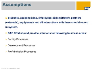 Assumptions 
 Students, academicians, employees(administrator), partners 
(externals), equipments and all interactions with them should record 
in system. 
 SAP CRM should provide solutions for fallowing business areas: 
 Facility Processes 
 Development Processes 
 PreAdmission Processes 
© 2010 SAP AG. All rights reserved. / Page 4 
 